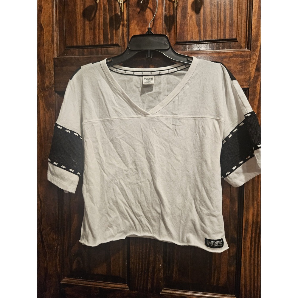 Pink Victoria's Secret White Black Mesh Logo Boxy Crop Top Womens Medium